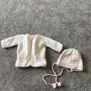 Hand Crafted White and Pink Baby Sweater & Matching Knit Bonnet